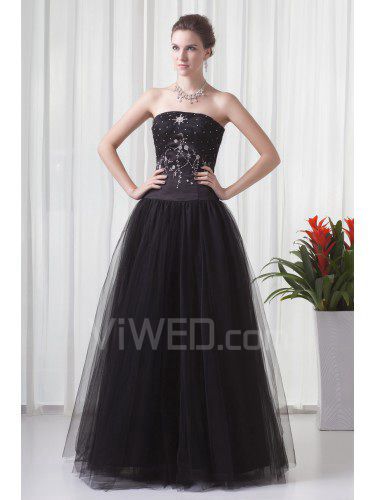 Strapless uma linha do assoalho-comprimento vestido de baile bordado net e cetim