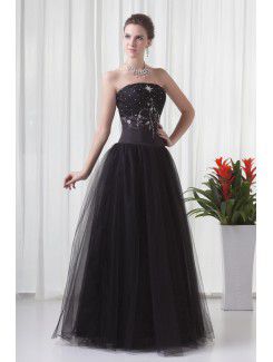 Net and Satin Strapless A-line Floor-Length Embroidered Prom Dress