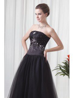 Net and Satin Strapless A-line Floor-Length Embroidered Prom Dress