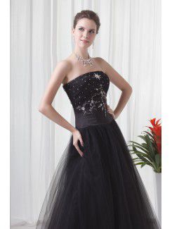 Net and Satin Strapless A-line Floor-Length Embroidered Prom Dress