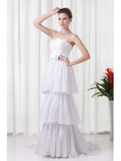 Chiffon strapless império linha de trem de varredura faixa vestido de baile