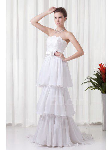 Chiffon strapless império linha de trem de varredura faixa vestido de baile