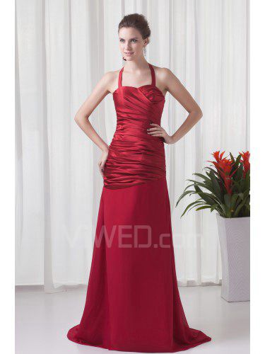 Satin and Chiffon Halter A-line Sweep train Directionally Ruched Prom Dress