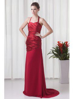 Satin and Chiffon Halter A-line Sweep train Directionally Ruched Prom Dress