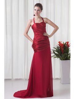 Satin and Chiffon Halter A-line Sweep train Directionally Ruched Prom Dress