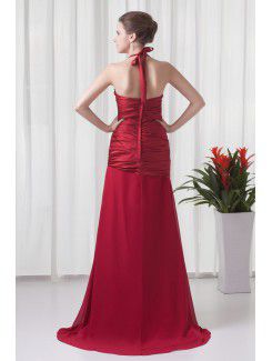 Satin and Chiffon Halter A-line Sweep train Directionally Ruched Prom Dress