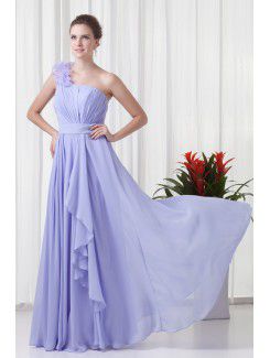 Chiffon One Shoulder Column Floor-Length Handmade Flower Prom Dress