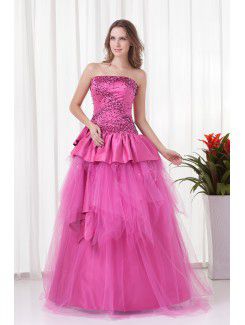 Satin Strapless A-line Floor-Length Sequins Prom Dress