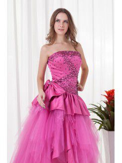 Satin Strapless A-line Floor-Length Sequins Prom Dress