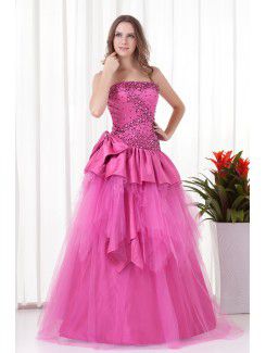 Satin Strapless A-line Floor-Length Sequins Prom Dress