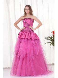 Satin Strapless A-line Floor-Length Sequins Prom Dress