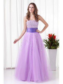 Strapless uma linha do assoalho-comprimento vestido de baile bordado net e cetim