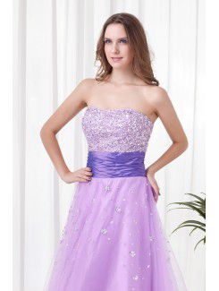 Net and Satin Strapless A-line Floor-Length Embroidered Prom Dress