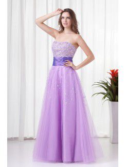 Net and Satin Strapless A-line Floor-Length Embroidered Prom Dress