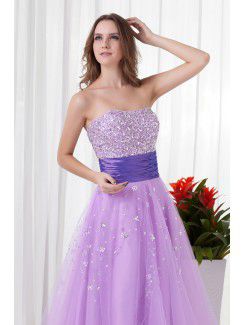 Net and Satin Strapless A-line Floor-Length Embroidered Prom Dress