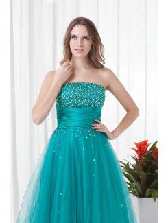 Satin and Net Strapless A-line Floor Length Embroidered Prom Dress