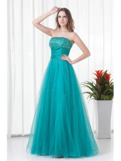 Satin and Net Strapless A-line Floor Length Embroidered Prom Dress