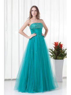 Satin and Net Strapless A-line Floor Length Embroidered Prom Dress