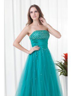 Satin and Net Strapless A-line Floor Length Embroidered Prom Dress