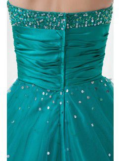 Satin and Net Strapless A-line Floor Length Embroidered Prom Dress