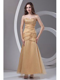 Satin and Net Strapless Sheath Floor Length Embroidered Prom Dress