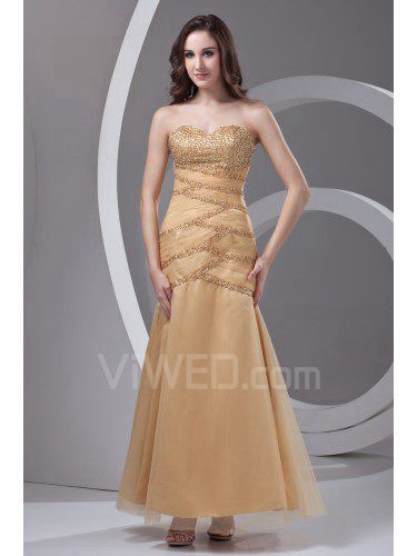 Satin and Net Strapless Sheath Floor Length Embroidered Prom Dress