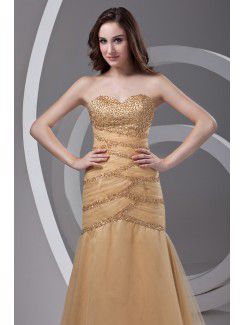 Satin and Net Strapless Sheath Floor Length Embroidered Prom Dress