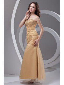 Satin and Net Strapless Sheath Floor Length Embroidered Prom Dress