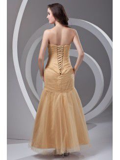 Satin and Net Strapless Sheath Floor Length Embroidered Prom Dress