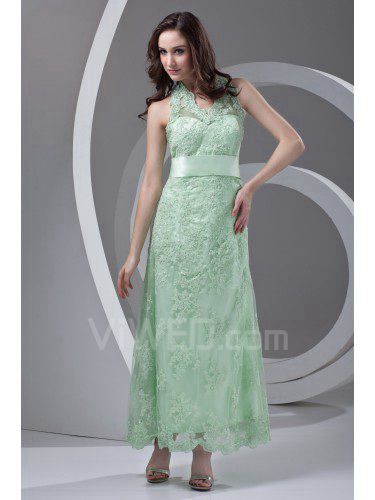 Lace Halter Column Ankle-Length Sash Prom Dress