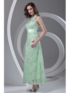 Lace Halter Column Ankle-Length Sash Prom Dress