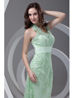 Lace Halter Column Ankle-Length Sash Prom Dress