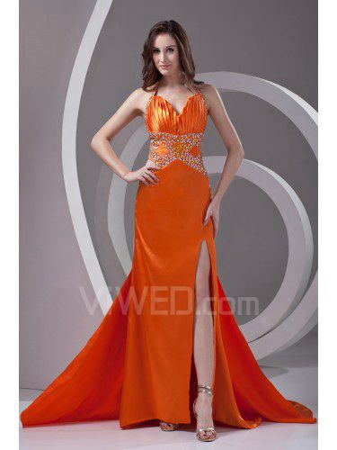 Satin Spaghetti Column Chapel Train Sequins Prom Dress