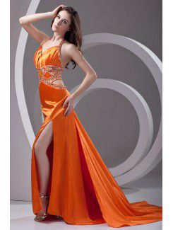 Satin Spaghetti Column Chapel Train Sequins Prom Dress