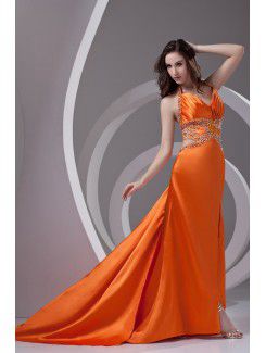 Satin Spaghetti Column Chapel Train Sequins Prom Dress