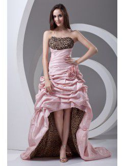 Taffeta Strapless A-line Sweep Train Hand-made Flowers Prom Dress