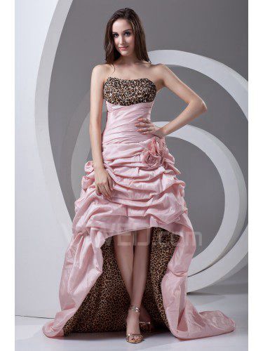 Taffeta Strapless A-line Sweep Train Hand-made Flowers Prom Dress