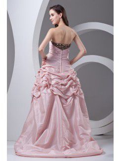 Taffeta Strapless A-line Sweep Train Hand-made Flowers Prom Dress