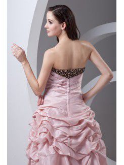 Taffeta Strapless A-line Sweep Train Hand-made Flowers Prom Dress