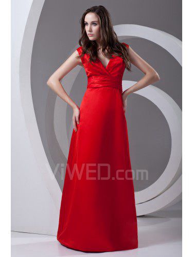 Satin V-Neckline A-line Floor Length Sash Prom Dress