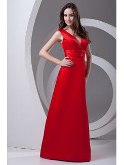 Satin V-Neckline A-line Floor Length Sash Prom Dress