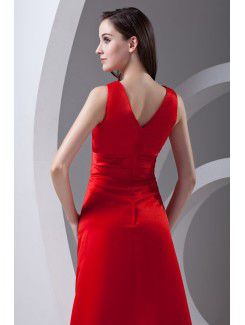 Satin V-Neckline A-line Floor Length Sash Prom Dress