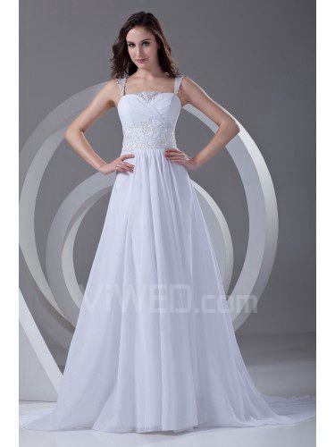 Chiffon Straps A-line Sweep Train Embroidered Prom Dress
