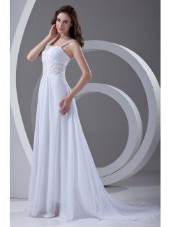 Chiffon Straps A-line Sweep Train Embroidered Prom Dress