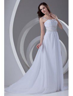 Chiffon Straps A-line Sweep Train Embroidered Prom Dress