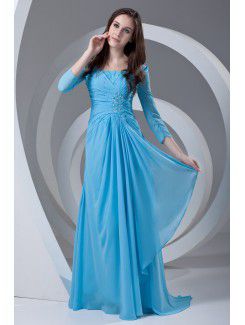 Chiffon Portrait Column Sweep Train Three-quarter Sleeve and Gathered Ruched Prom Dress