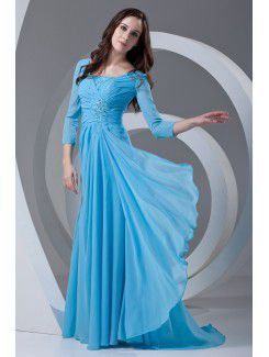 Chiffon Portrait Column Sweep Train Three-quarter Sleeve and Gathered Ruched Prom Dress