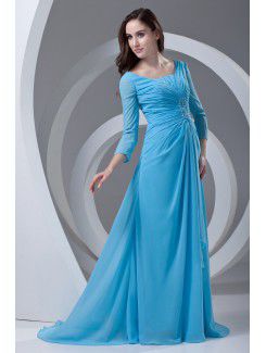 Chiffon Portrait Column Sweep Train Three-quarter Sleeve and Gathered Ruched Prom Dress