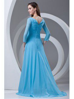 Chiffon Portrait Column Sweep Train Three-quarter Sleeve and Gathered Ruched Prom Dress