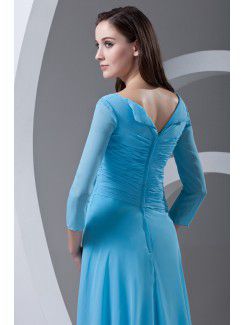 Chiffon Portrait Column Sweep Train Three-quarter Sleeve and Gathered Ruched Prom Dress